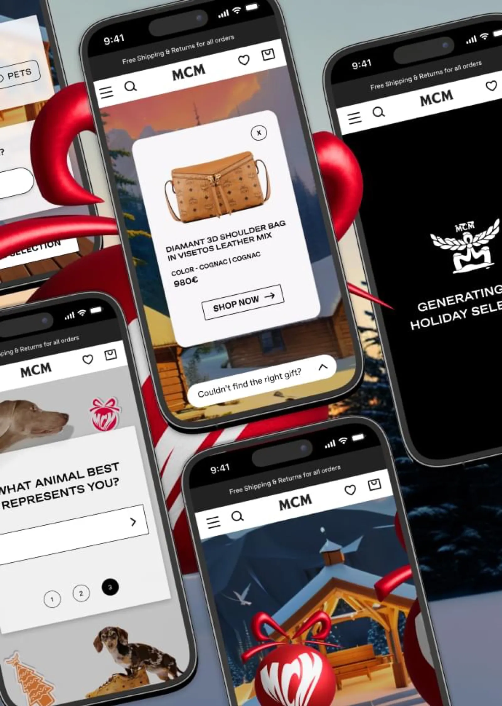 MCM mobile shopping experience showing personalized product recommendation and quiz screens