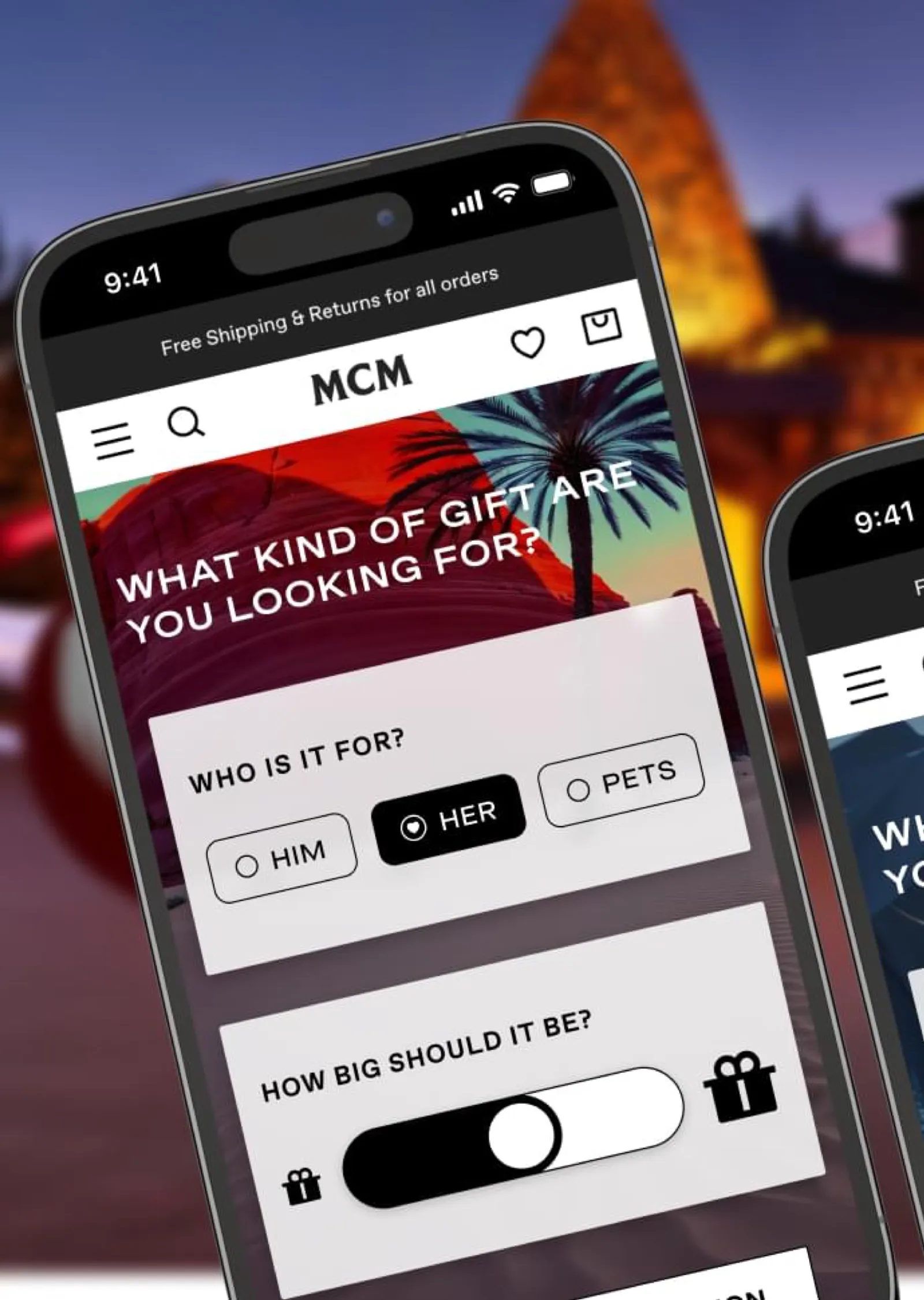 MCM mobile gift-finder screen asking what kind of gift the shopper is looking for