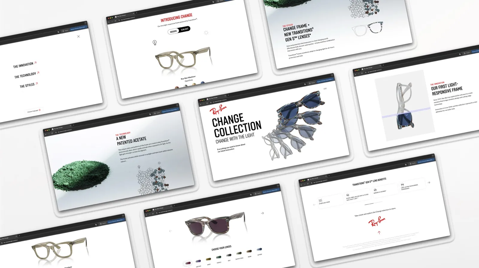 Tiled screens of the Ray-Ban Change Collection landing page showing the interactive light-response demo
