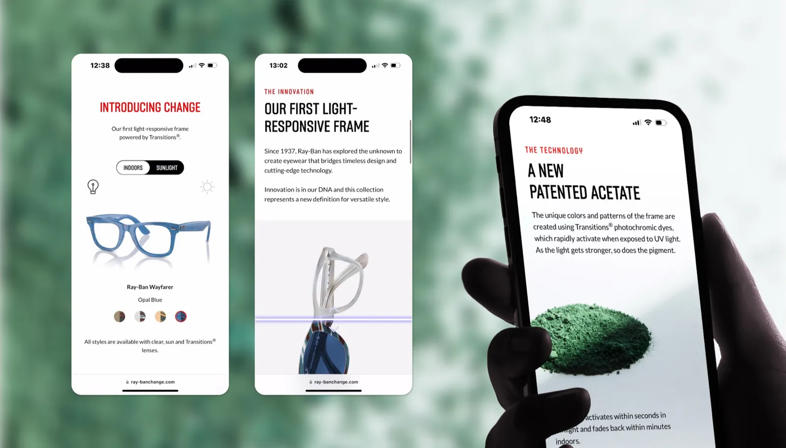 Mobile screens of the Change Collection landing page detailing the frame's light-responsive technology